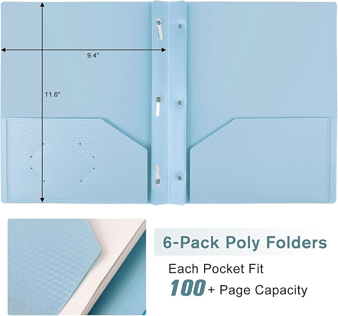 Plastic andPockets and Prongs,2-Pocket and3 Fasteners, Pastel Folders Holds 8-1/2" x 11" Paper for School/Office/Home, 6 Packs