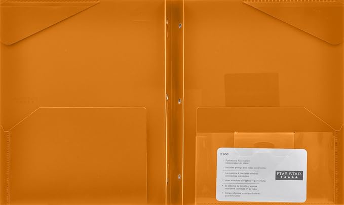 Five Star 2-Pocket Folder, Stay-Put Folder, Plastic Colored Folders with Pockets & Prong Fasteners for 3-Ring Binders, For Home School Supplies & Home Office, 11” x 8-1/2”, Orange (72903)