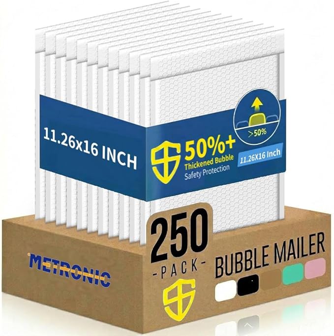 Metronic Bubble Mailers 11.26x16" 250 Pack Padded Envelopes with 1/7" Thickened Bubble Waterproof Mailing Envelopes Usable Size 11.26x15" Large Shipping Bag for Valuables,10.5x15" Item, Business White