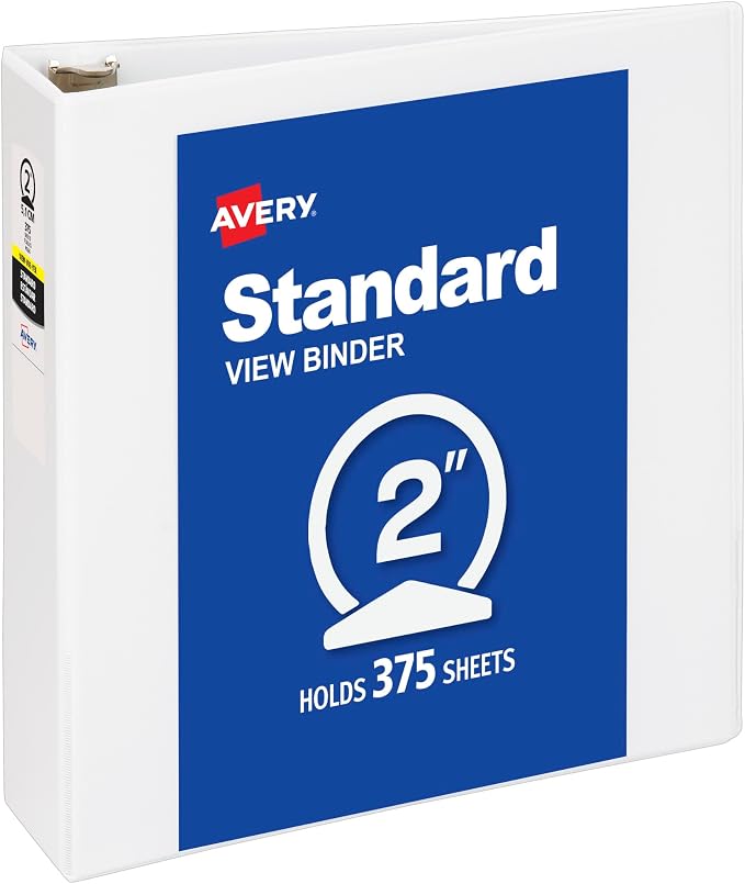 Avery Standard View 3 Ring Binder, 2" Round Rings, 1 White Binder | For School, Home and Everyday Organization, Clear View Covers, Two Interior Pockets, Nonstick Material, Lay-Flat Pages