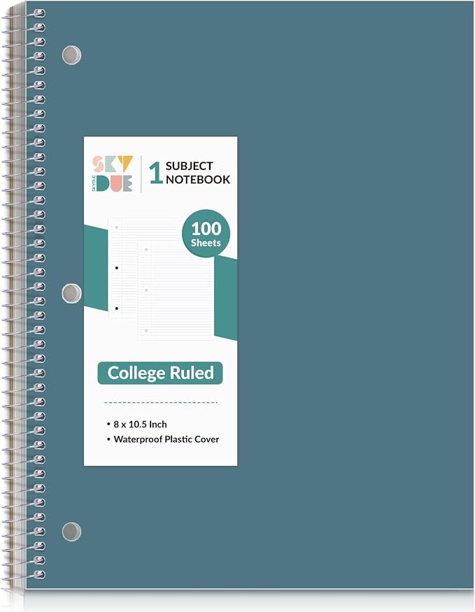 SKYDUE 8"x10.5" Spiral Notebook - College Ruled 100 Sheets, 1 Subject Notebook for School & Office, 3-Hole Punched Paper, Blue
