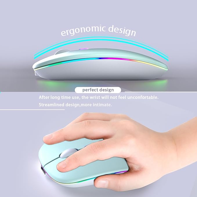 Wireless Bluetooth Mouse – Rechargeable, Silent, Dual Mode (Bluetooth 5.2 & USB) with LED Lights – Portable for Laptop, Desktop, & Tablet(Green)
