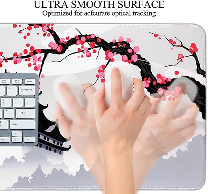 Japanese Cherry Blossom Gaming Mouse Pad 31.5x11.8in Pink Full Desk Japanese Sakura Gaming Mouse Pad Large Non-Slip Rubber Base Waterproof Big Keyboard Mat with Stitched Edges for Game Office