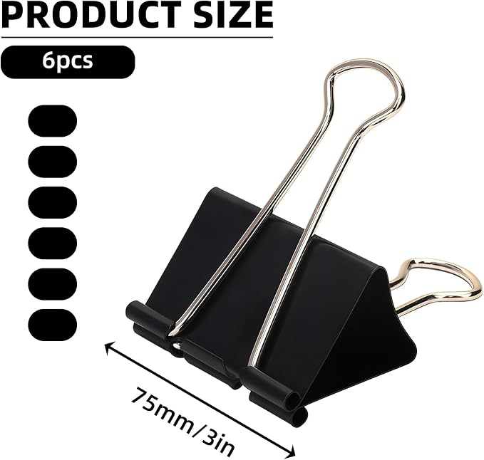 Jumbo Binder Clips 6 Pack, 3 Inch Extra Large Binder Clips Heavy Duty, Big Metal Paper Clamps Black for Thick Documents, Office Supplies, Architects, Legal Files, Chip Bag Sealer, Drawing Board Clip