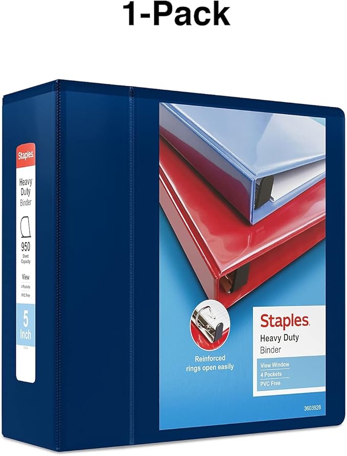 Staples Heavy-Duty 5-Inch D-Ring View Binder, Extra Large Capacity Holds Up to 1,000 Sheets, Navy, for Office & Archiving