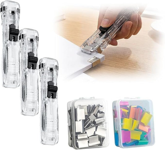 Portable Binder Clip Stapler, 2026 New Portable Office Tool, Durable Desk Organizer for Study Room, 100 Metal Refill Clips (50 Silver + 50 Color) for Home (3, Transparent)