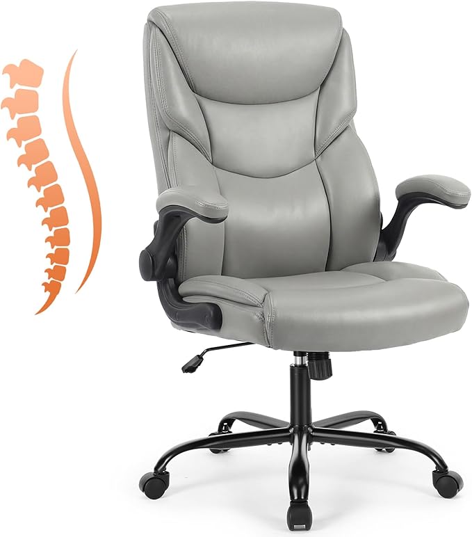 Sweetcrispy Office Computer Gaming Chair Set of 2, Ergonomic High Back Heavy Duty Task Desk Office Chairs with Wheels, Flip-up Arms, Adjustable Height, PU Leather, Grey