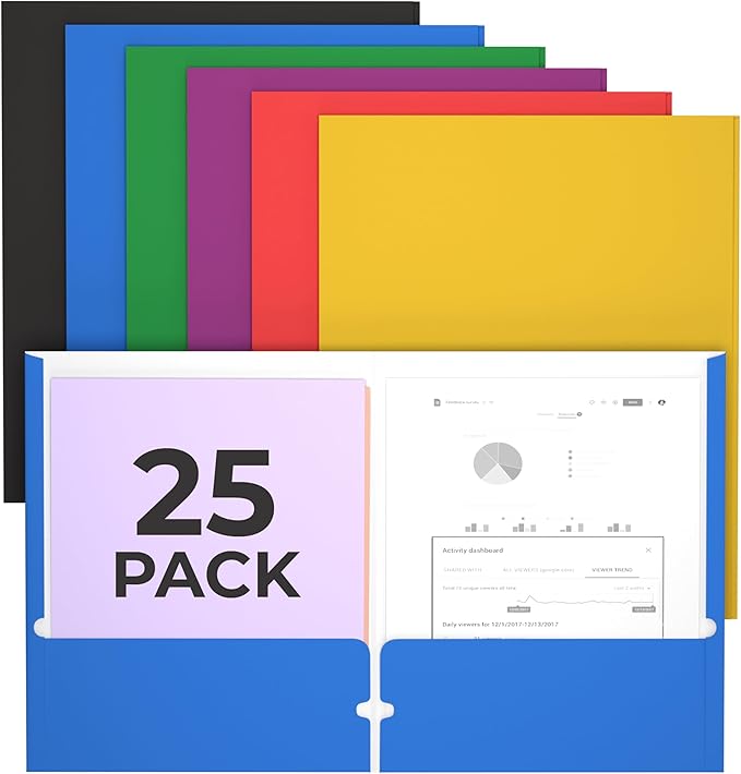 Folders, Folders with Pockets, 2 Pocket Folders, Folders with Pockets Bulk, Holds 100 Sheets (50 per Pocket), Assorted Colors, Office Or School (25)