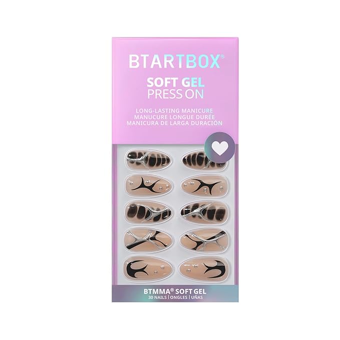 BTArtbox Press On Nails Almond - 3D Design Black Medium Press On Nails with Glue for Women, Opaque Soft Gel Glue On Nails in 15 Sizes - 30 Stick On Nails Kit, Gothic Chains