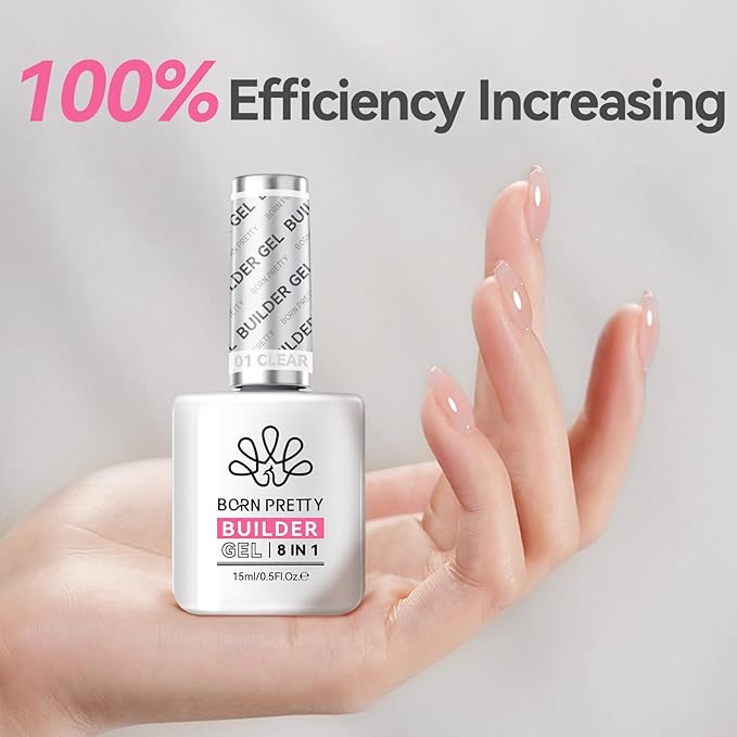 Born Pretty Builder Gel 8-in-1, 2PCS 15ML Clear Builder Nail Gel Set, Transparent Extension Rhinestone Glue for LED Lamp Cured for Nail Thickening
