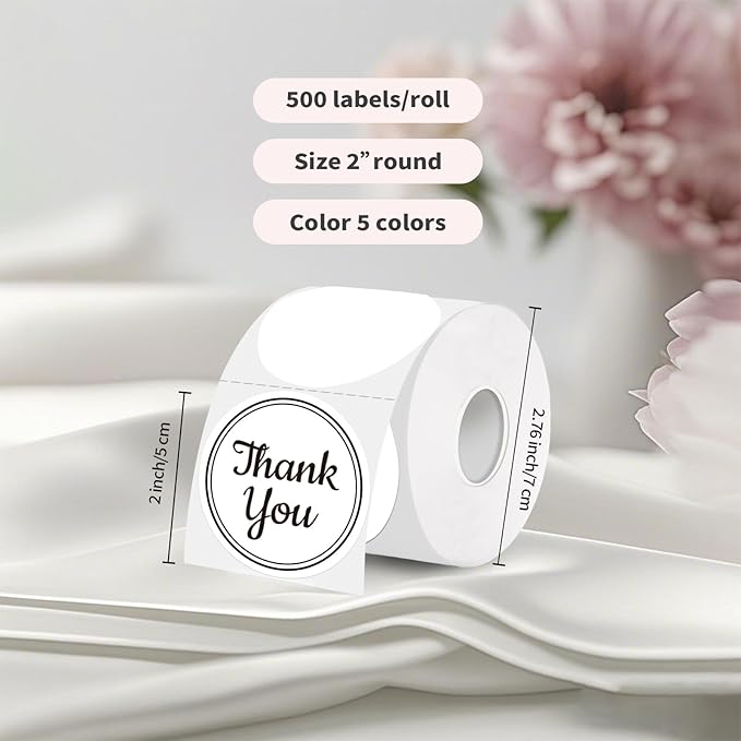2 inch Round Thermal Label,White Circle Thermal Sticker Labels for Business and Home,Direct Thermal Printer Label for DIY Logo Design,Thanks Card,500 Labels/1 Roll