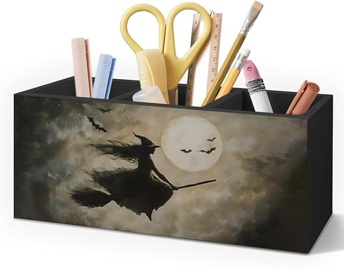 Halloween Gothic Flying Witch Pen Pencil Holder for Desk, Halloween Vintage Dark Academia Spooky Cottagecore Witchy Decorative Sign for Home Office Desk Tabletop Decor