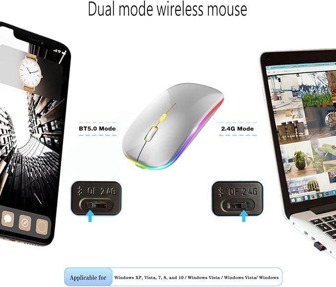 Wireless Bluetooth Mouse Rechargeable Laptop Mice with LED Lights Silent Slim Use(BT5.2 and 2.4G Portable USB Receiver)Dual Mode Computer Mouse for Laptop/iPad/Tablet/Apple/Computer/Mac(Silver)