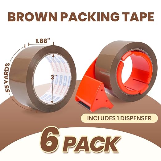 ADHES Brown Packing Tape with Dispenser, 1.88in x 55yds x 2.6mil | Heavy Duty Box Sealing Tape for Moving & Packaging, Strong Adhesive, 6 Rolls