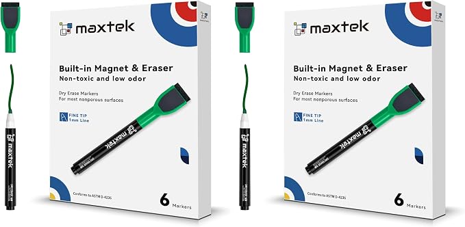maxtek Dry Erase Markers - 6 Count Green Magnetic Dry Erase Markers Fine Tip with Eraser, Low Odor Whiteboard Markers for Calendar Boards (Pack of 2)