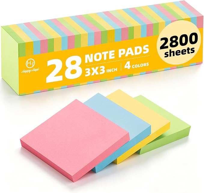 HappyHapi 28 Pack 2800 Sheets Sticky Notes 3x3 Inch100 Sheets/Pad, 4 Soft Colors (Yellow, Green, Pink, Blue) Light Colored Self-Stick Pads, Bulk Office Supplies for Work, School & Home