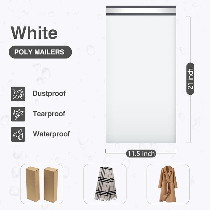 UCGOU 11.5x21 Long Poly Mailers White Shipping Bags Self-Sealing Waterproof and Tear-Proof Shipping Envelope for Small Business Envelopes Bag for Unique Items Long Mailers Poly Bags 50 Pack