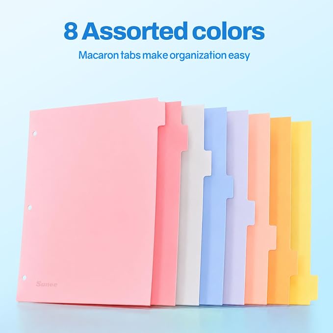 SUNEE 8 Tab Binder Dividers,Plastic Dividers for 3 Ring Binder,3 Ring Binder Dividers with Tabs for School Office Home Supplies,Pastel Color, 2 Set