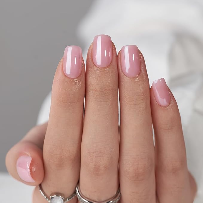 BTArtbox Press On Nails Short - Square Press On Nail, Pink Chrome Nail Tips Glue On Nails with Nail Glue, Reusable Stick On Nails in 16 Sizes - 32 Soft Gel Fake Nails Kit, Lotus Glazed