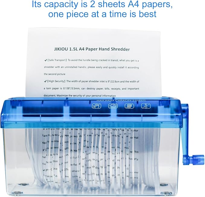 JIKIOU Standard A4 Paper Hand Shredder Portable Paper Shredder Manual Shredder Documents Paper Cutting Tool Home Office Desktop Stationery Blue