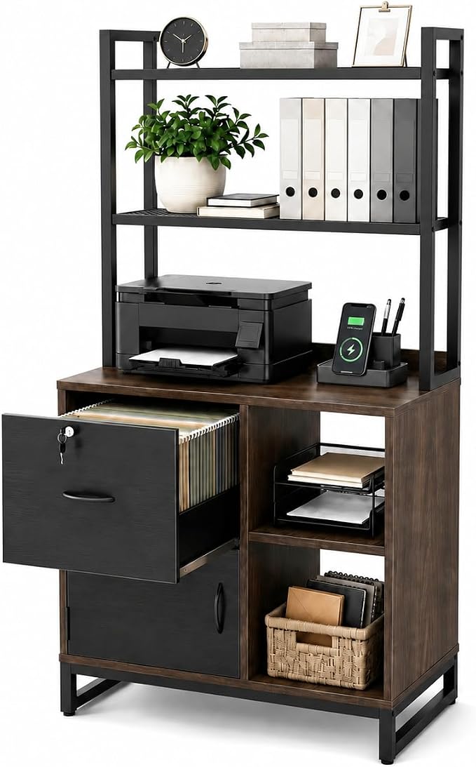 Vertical Filing Cabinet with Bookshelf for Home Office, Walnut | File Cabinet with Shelves, Lock & Charging Station, Drawer Office File Cabinets with Printer Stand, fits Letter Size