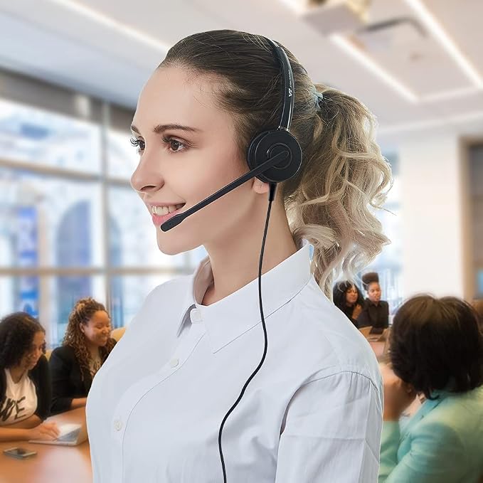 Telephone-Headset with Noise-Cancelling Microphone – Call Center Quick Disconnect (QD) Headset with RJ09 Cables, compatible with Yealink, Grandstream, Polycom, Snom, Fanvil, and Mitel Phones (Mono)