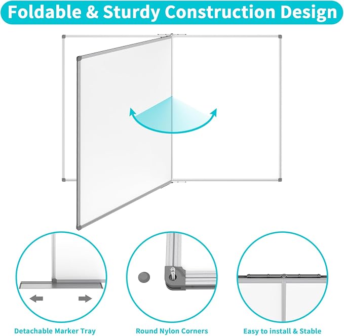 Large Foldable White Board 72x40 Inches, Dry Erase Magnetic White Board, Silver Aluminum Frame with 2 Detachable Marker Tray Wall Mounted Board for Office Home and School