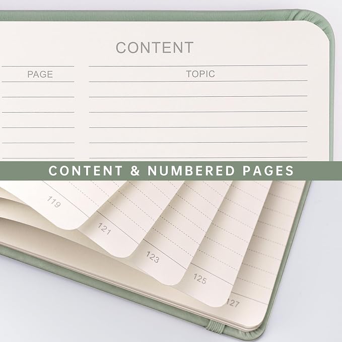AHGXG Lined Journal Notebook, 192 Numbered Pages, A5 Size (5.7'' x 8.3'') | for Men & Women, Journaling, Writing, Work & Office, Leather Hardcover, 100 GSM Thick Paper (Light Green)