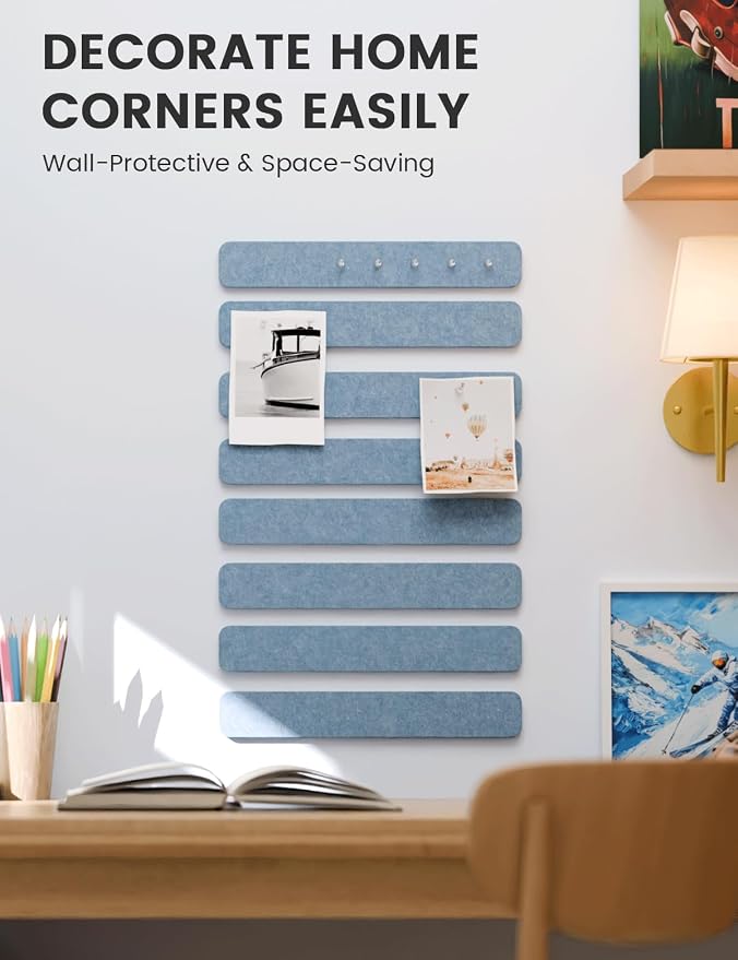 Fluxynara 13" x 2" Felt Wall Panels, Dusty Blue | 8-Pack Includes 50 Push Pins and Adhesive Tabs for Photos, Notes and Decor in Bedroom Doors, Home Office or Studios