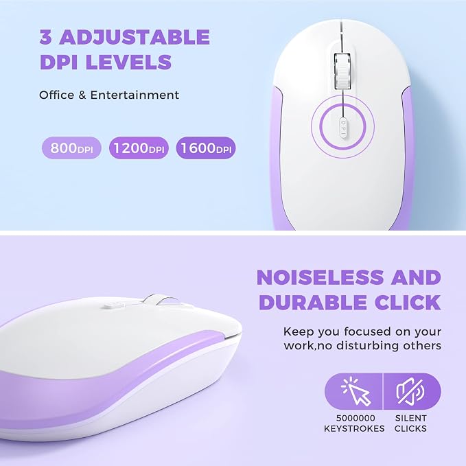 Vssoplor Wireless Keyboard and Mouse, Rechargeable Ultra Slim, Lavender | Quiet Full-Size Keyboard and Mouse Combo Set, for Laptop, PC, Notebook, Desktop, 2.4GHz Stable Connection, Ideal for Office
