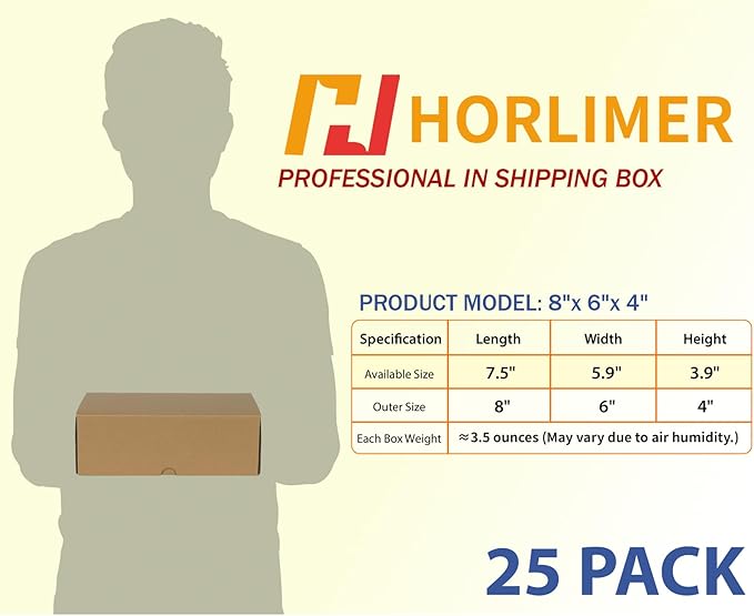HORLIMER 8x6x4 inches Shipping Boxes Set of 25, Brown Corrugated Cardboard Box Literature Mailer