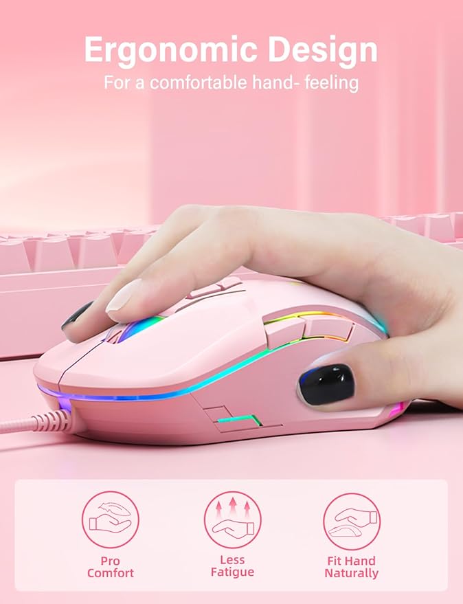 Wired USB Mouse, Computer Mouse with RGB Lighting, 4 Adjustable DPI, Ergonomic Optical Office Mouse, 7 Buttons Corded Mice for Window/PC/Laptop/Desktop/Mac/Chromebook, Pink