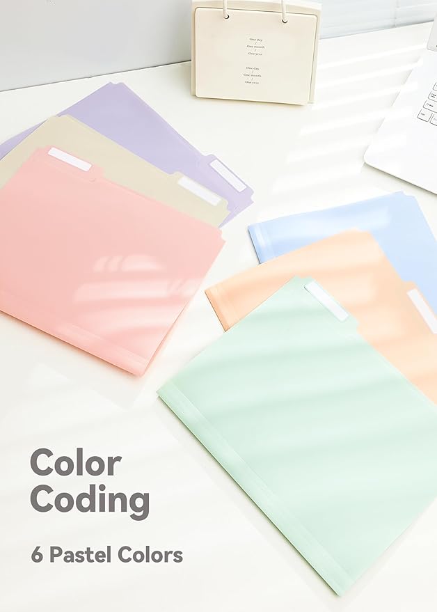 Plastic Manila Folders 8.5 x 11, 12 Pack, Poly Pastel File Folders, 1/3-Cut Tabs with Colorful Labels, Letter Size