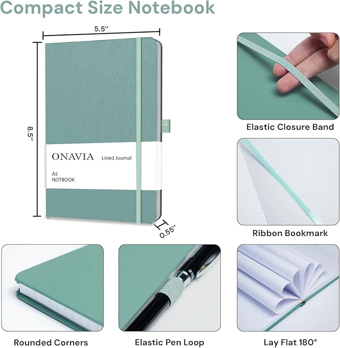 A5 College Ruled Notebook 3 Pack, Hardcover Lined Journals for School Notes, Study, Homework, Class Writing and Journaling, 160 Pages (80 Sheets), 5.8 x 8.3 in, Green,Pink, Cornflower Blue