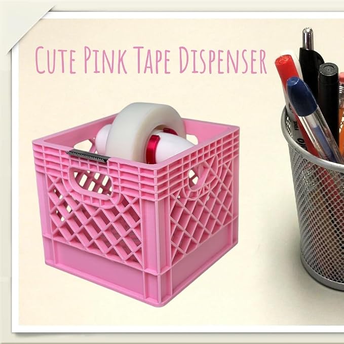 Mini Milk Crate Tape Dispenser Cute Desk Accessory Desktop Organizer Gift | Mini Pink Milk Crate Tape Dispenser & Organizer. Cute Vintage Office Supplies Desktop Storage Box Novelty Coworker Gag Gift