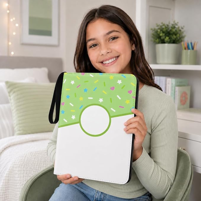 9 Pocket Card Binder 900 Card Holder Album, Green Donut Trading Cards Holder Zipper Binder for Girl Teen Collection (Green Donut, 900 Pocket)