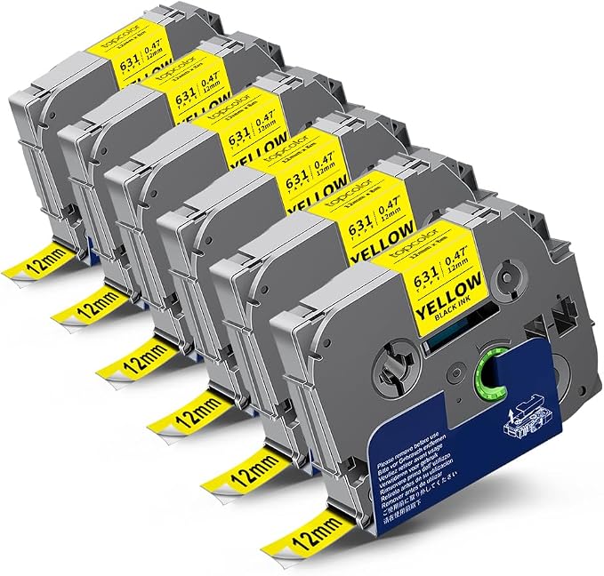 6-Pack Compatible for Brother Tze-631 12mm 1/2" Black on Yellow Label Tape | Tze631 TZ-631 P Touch Tape Tz Tze 12mm 0.47" Laminated Yellow Label for PTD210 PTD220 PTD200 PTD400 PT1290 PT2040 Label Maker