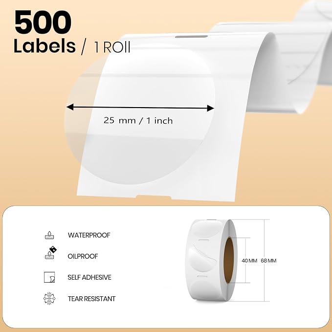 Transparent Round Thermal Labels 1 Inch Waterproof Stickers 500 PCS | Strong Adhesive, Oil-proof, Tear resistance, Perforation, Printable vinyl clear decal for small business home office barcode