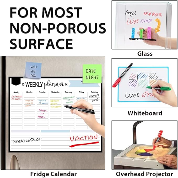 12-Color Bullet Tip Wet Erase Markers for Transparency, Whiteboards, Glass and More - Wipe with Water