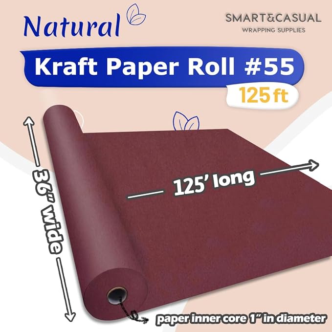 SMART&CASUAL 36" x 1,500" (125') Navy Blue Kraft Craft Paper Roll for Gift Wrapping Bulletin Board Bouquet Flower Kids Art Packing Parcel Table Covering 80GSM 55LB (Wine Red, 36" x 125')