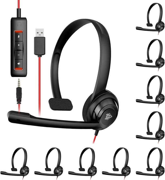 NUBWO HW02 USB Headset with Microphone Noise Cancelling & in-line Control | 10 Packs - Comfort Computer Headset for Laptop pc, On-Ear Wired Office Call Center Headphone for Boom Skype Webinars (Black)