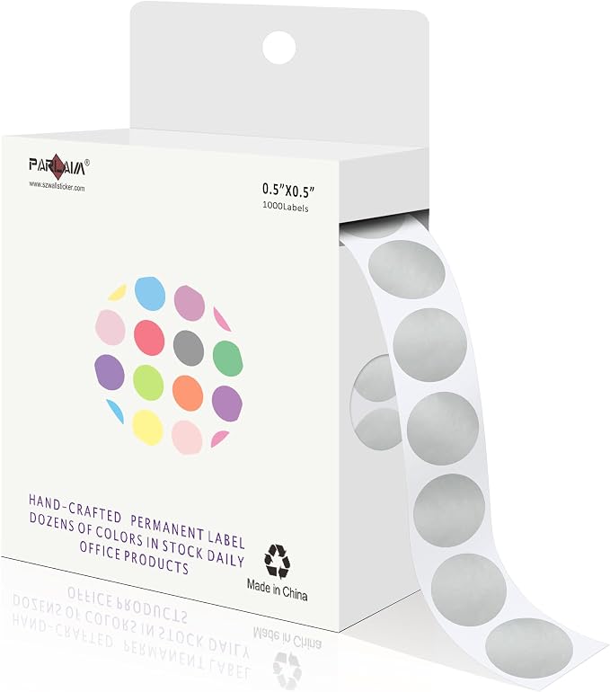 PARLAIM 1/2 Inch Circle Sticker Labels,1000 Stickers Round Color Coding Circle Dots Stickers,Roll Dot Stickers Label for Office Home Office (Silver)
