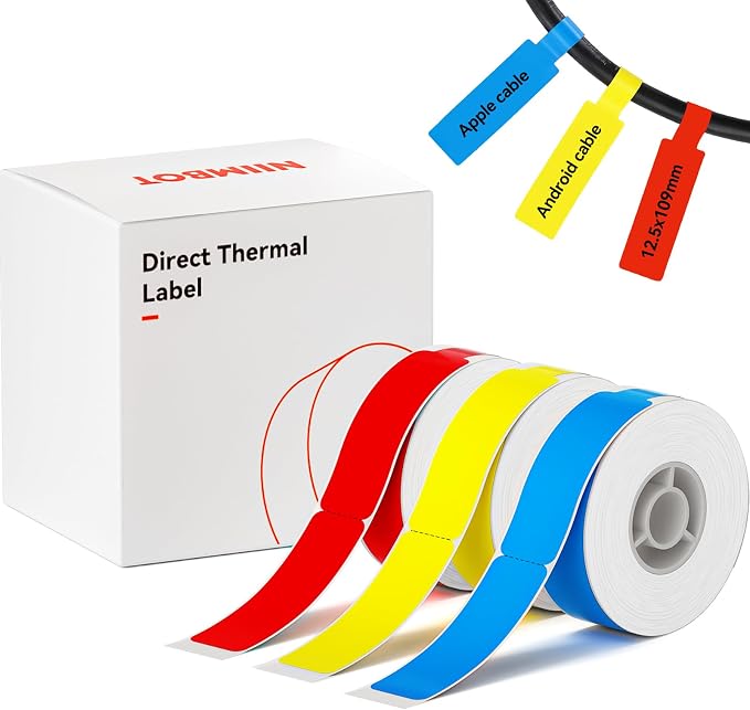 NIIMBOT Cable Label Tape for D110/D11/D101 Label Maker, 3 Colors | 3 Rolls for Red Yellow Blue 12.5 x 109 mm (0.49'' x 4.29''), Thermal Label Tape for Home Office Labeling Tape Replacement
