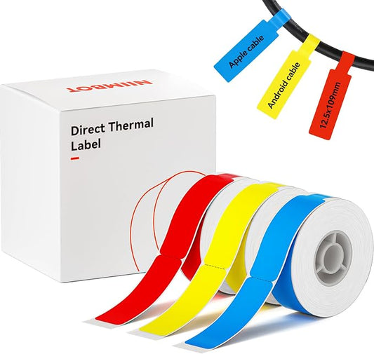 NIIMBOT Cable Label Tape for D110/D11/D101 Label Maker, 3 Colors | 3 Rolls for Red Yellow Blue 12.5 x 109 mm (0.49'' x 4.29''), Thermal Label Tape for Home Office Labeling Tape Replacement