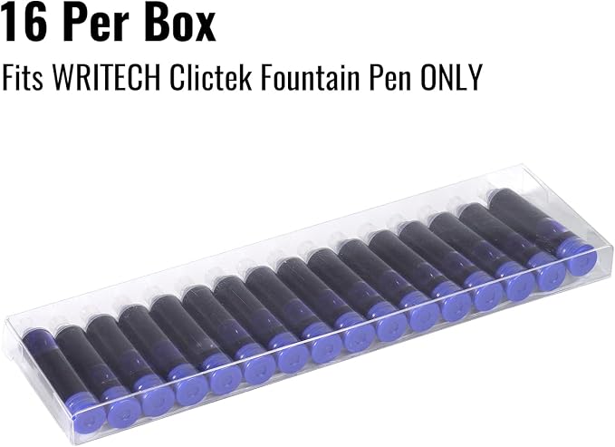 WRITECH W-1784 Cartridge Blue Ink: 16ct for Clictek Fountain Pen | Refillable Design Ink Cartridges Only for WRITECH Clictek Fountain Pens, Blue or Black Available, No leaking Smooth Writing