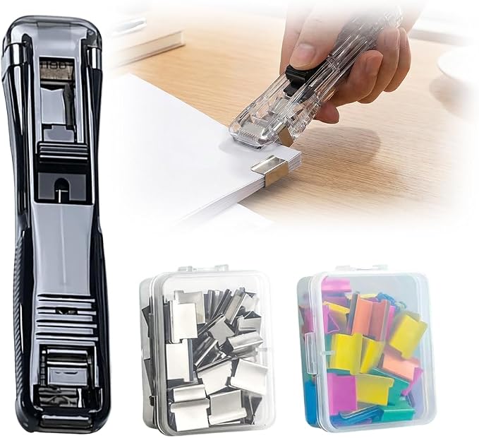 Portable Binder Clip Stapler, 2026 New Portable Office Tool, Durable Desk Organizer for Study Room, 100 Metal Refill Clips (50 Silver + 50 Color) for Home (1, Black)
