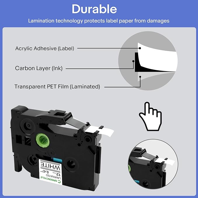 GREENCYCLE Replacement for Brother P Touch Label Tape TZe-231 12mm 0.47" Laminated White Compatible with Brother P-Touch TZ-231 TZe TZ 1/2 inch Black on White Label Tape for PT-D200 D210 H110, 3PK