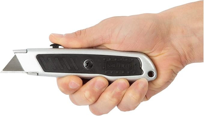 Sheffield Retractable Utility Knife, Box Cutter With Rubber Grip, 4-Position Blade Lock, Razor Blades Included, For Home, Office, Trades, and Warehouse