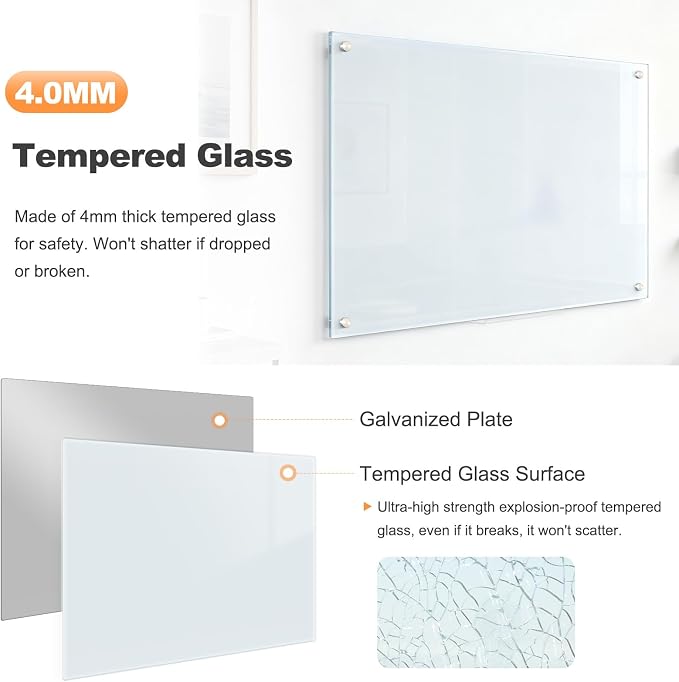 Tempered Glass Whiteboard 24" x 18" Magnetic Glass Dry Erase Board | (2’ x 1.5’) Small Wall Mounted Glass White Board with Acrylic Pen Tray for Office, Home, School