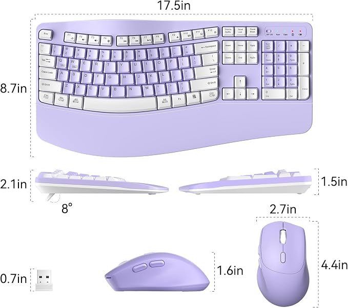 Wireless Keyboard and Mouse Combo,2.4G Ergonomic Wave Keys(Purple-A) | Full Size Cordless Keyboard with Wrist Rest,3-Level DPI Ergonomic Mouse for Office and Home,Windows/Mac OS/Desktop/Laptop/PC